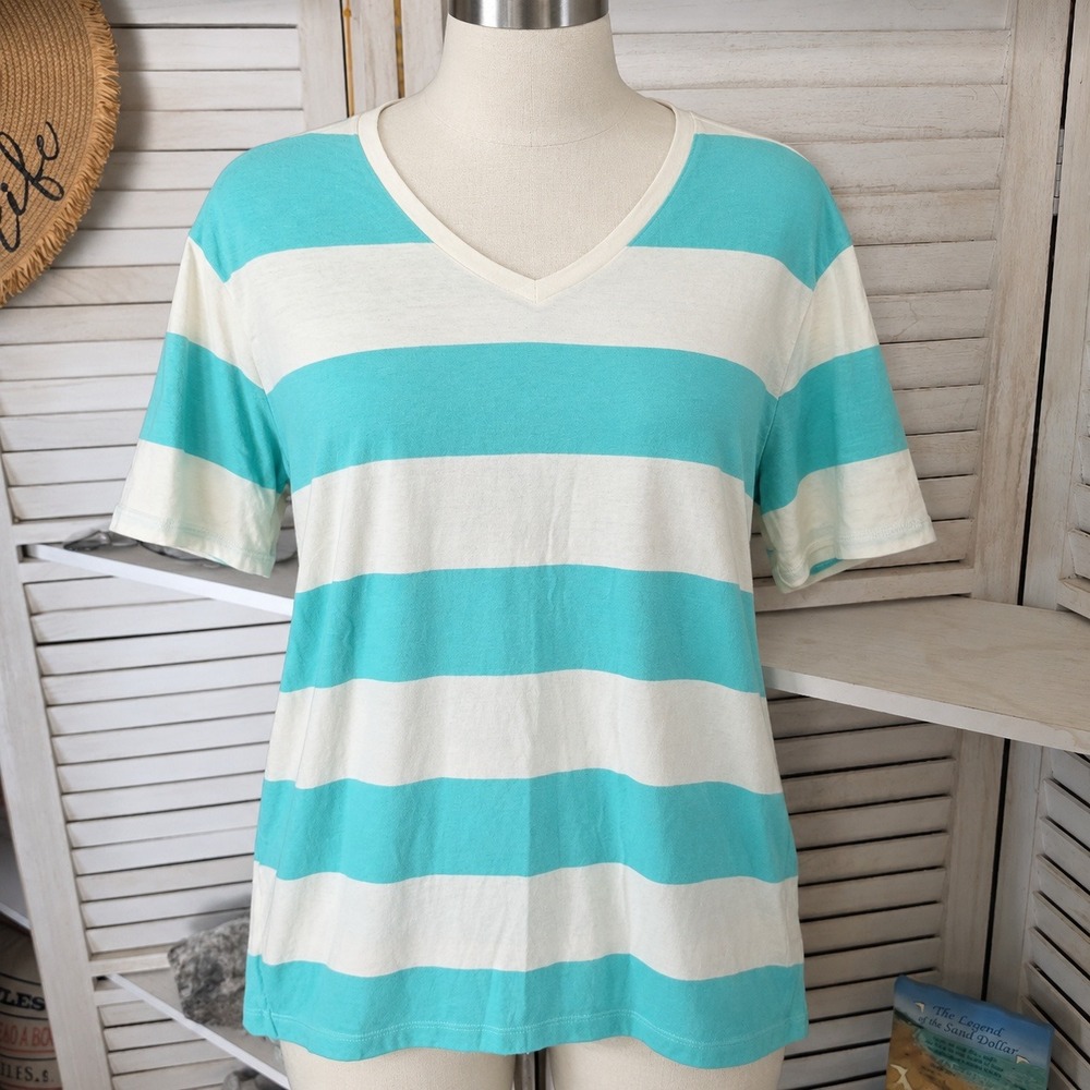 Old Navy Striped V-Neck T-Shirt Size Large Aqua Blue White Cotton Tee